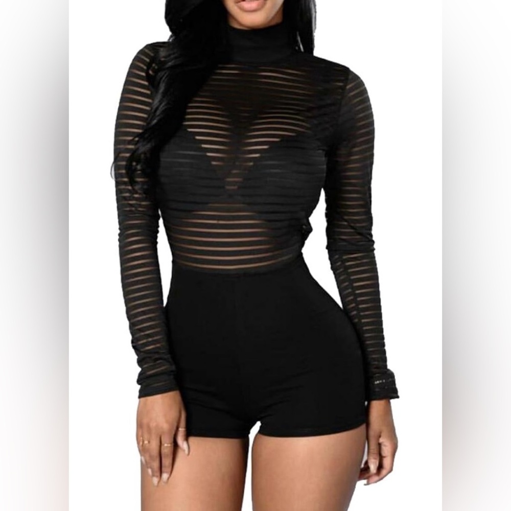 Black Sheer Striped Long Sleeve Bodysuit Shorts